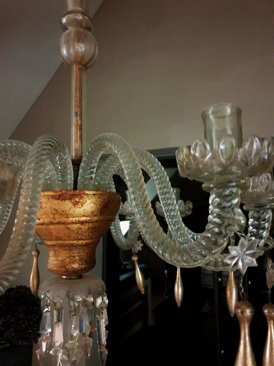 Chandelier From The Neoclassical Period, In Murano Crystal With Golden Wood, Lucca Early 19th-photo-1