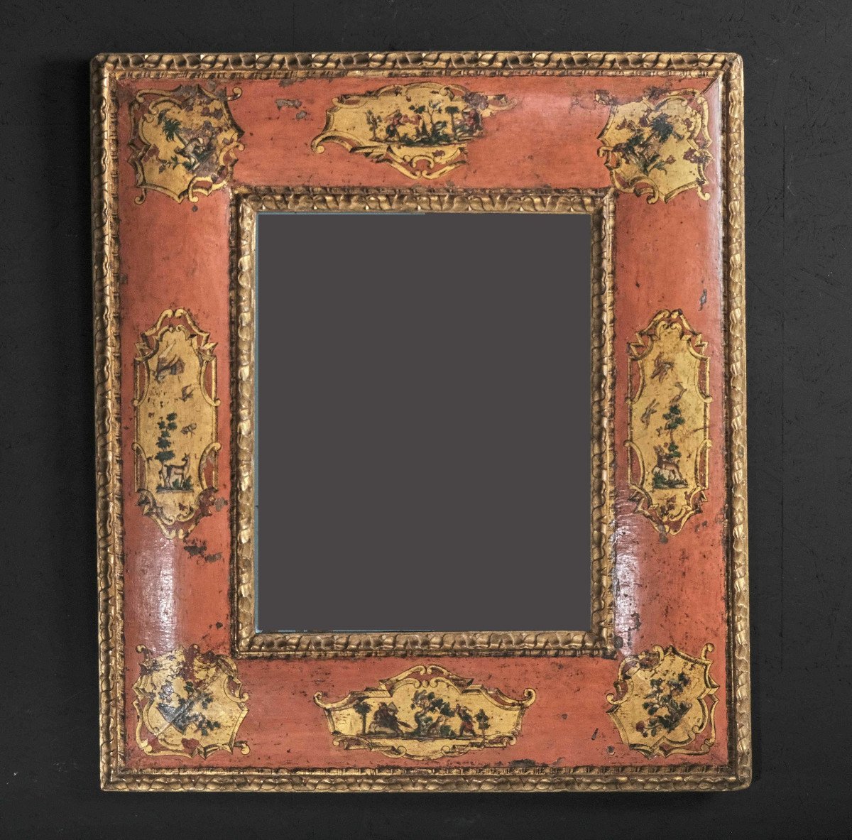 Venetian Mirror In Pink Lacquer With "arte Povera" Decor, Venice Circa 1740-photo-2