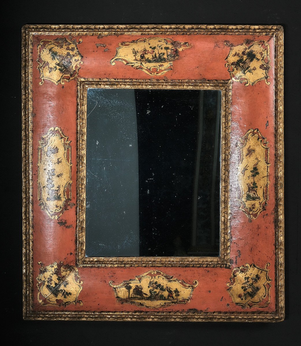Venetian Mirror In Pink Lacquer With "arte Povera" Decor, Venice Circa 1740
