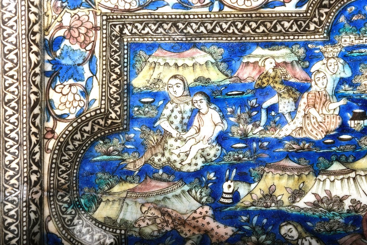 Grand Carreau En Poterie En Relief Profond Sous Glaçure Qajar, Circa 1880-photo-3