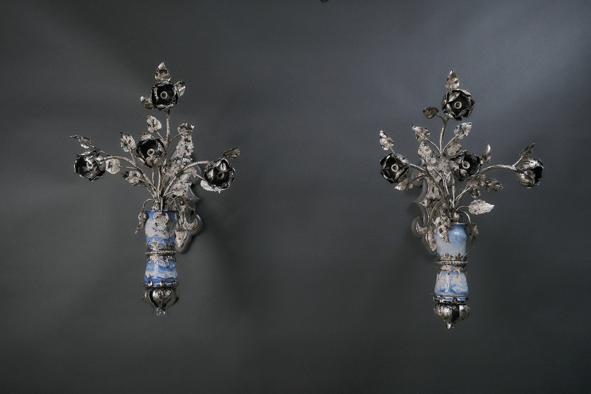 Unusual Pair Of Large Sconces With Albarelli From The 18th, Italy Early 20th-photo-4