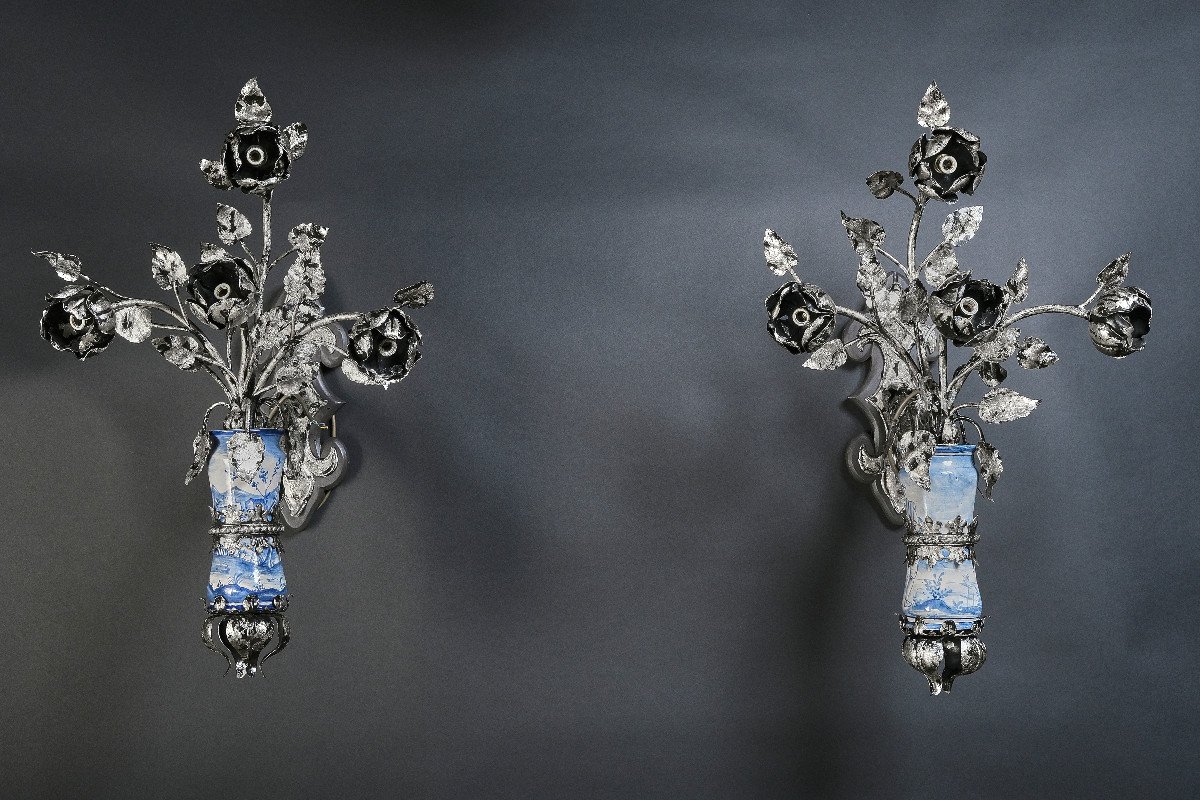 Unusual Pair Of Large Sconces With Albarelli From The 18th, Italy Early 20th