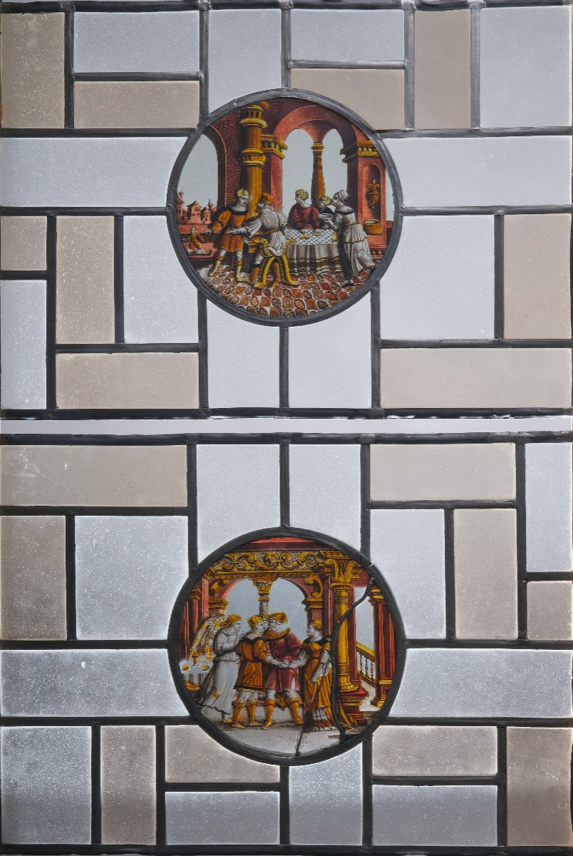 Pair Of Stained Glass Windows With Figurative Interiors, France Around 1600-photo-4