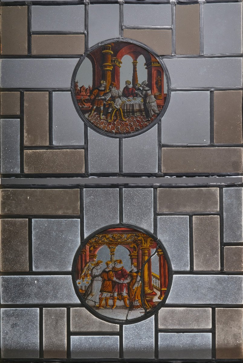 Pair Of Stained Glass Windows With Figurative Interiors, France Around 1600