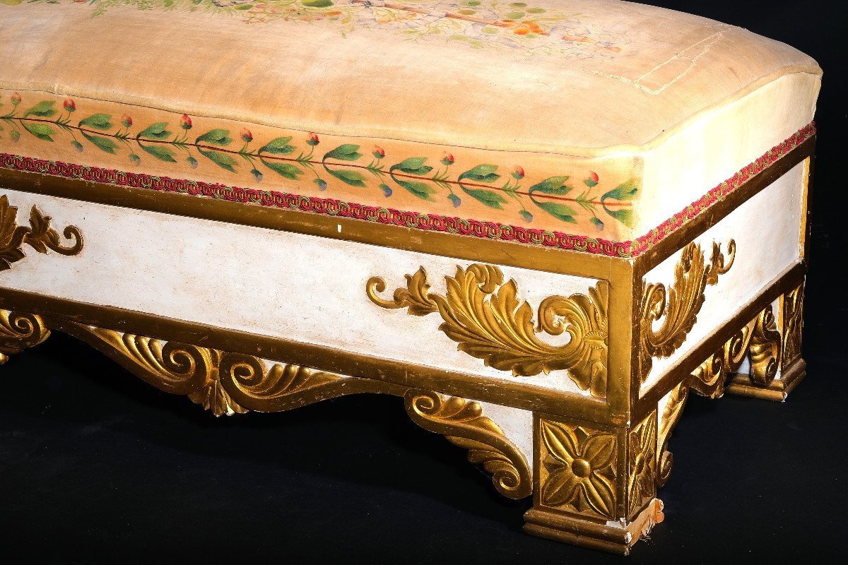 Banc Inhabituel, Rembourré, Avec Décoration En Relief Sur Trois Côtés, Italie 19è-photo-2