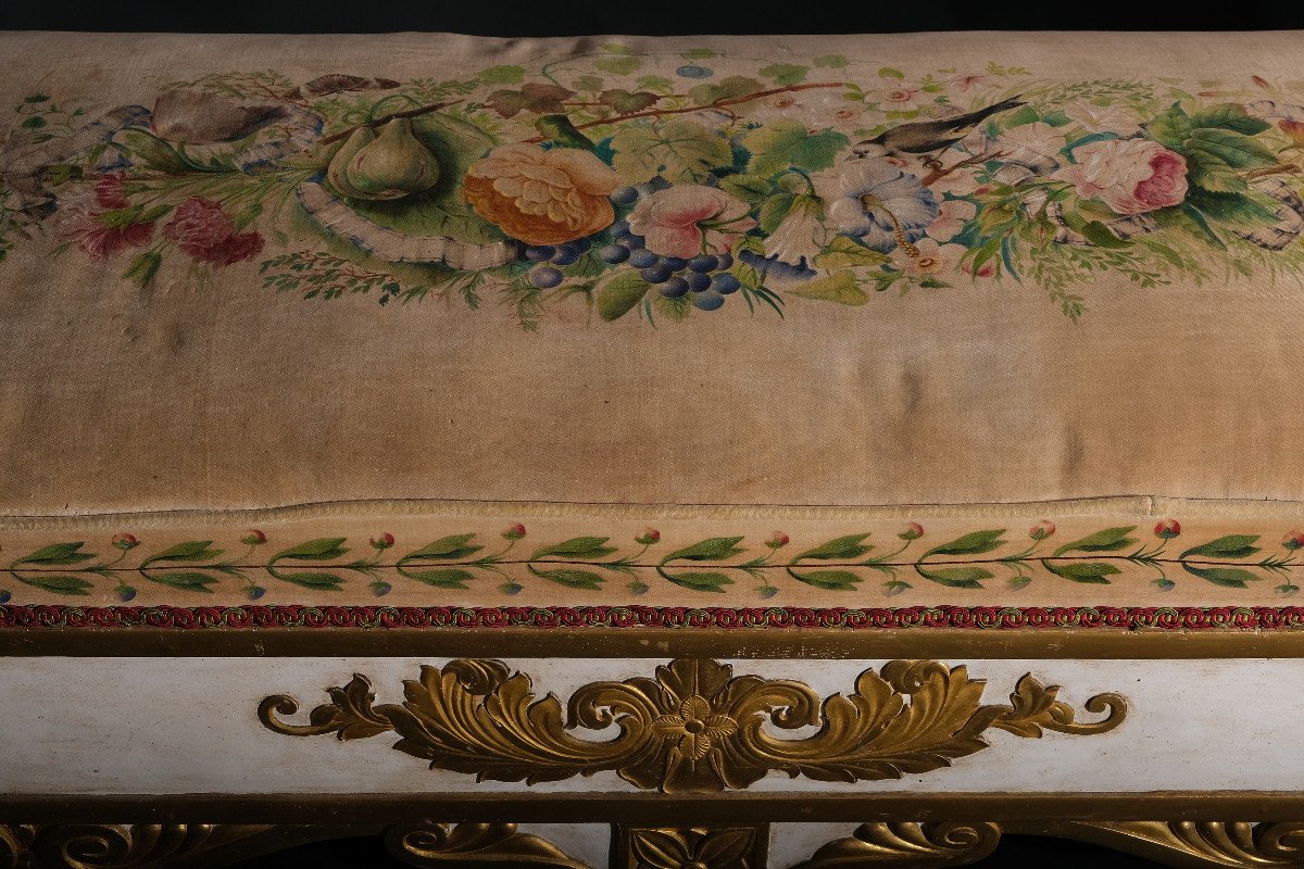 Banc Inhabituel, Rembourré, Avec Décoration En Relief Sur Trois Côtés, Italie 19è-photo-3