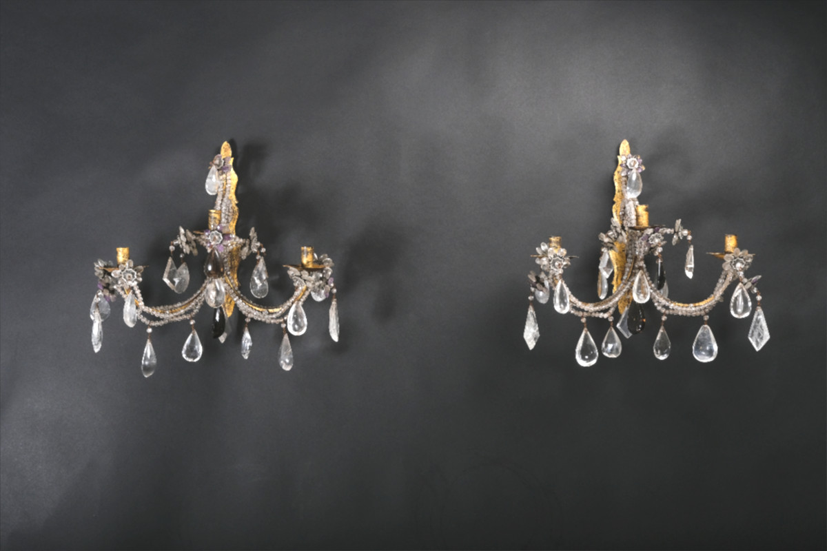 Important Pair Of Rock Crystal And Amethyst Sconces, Italy, 19th Century 