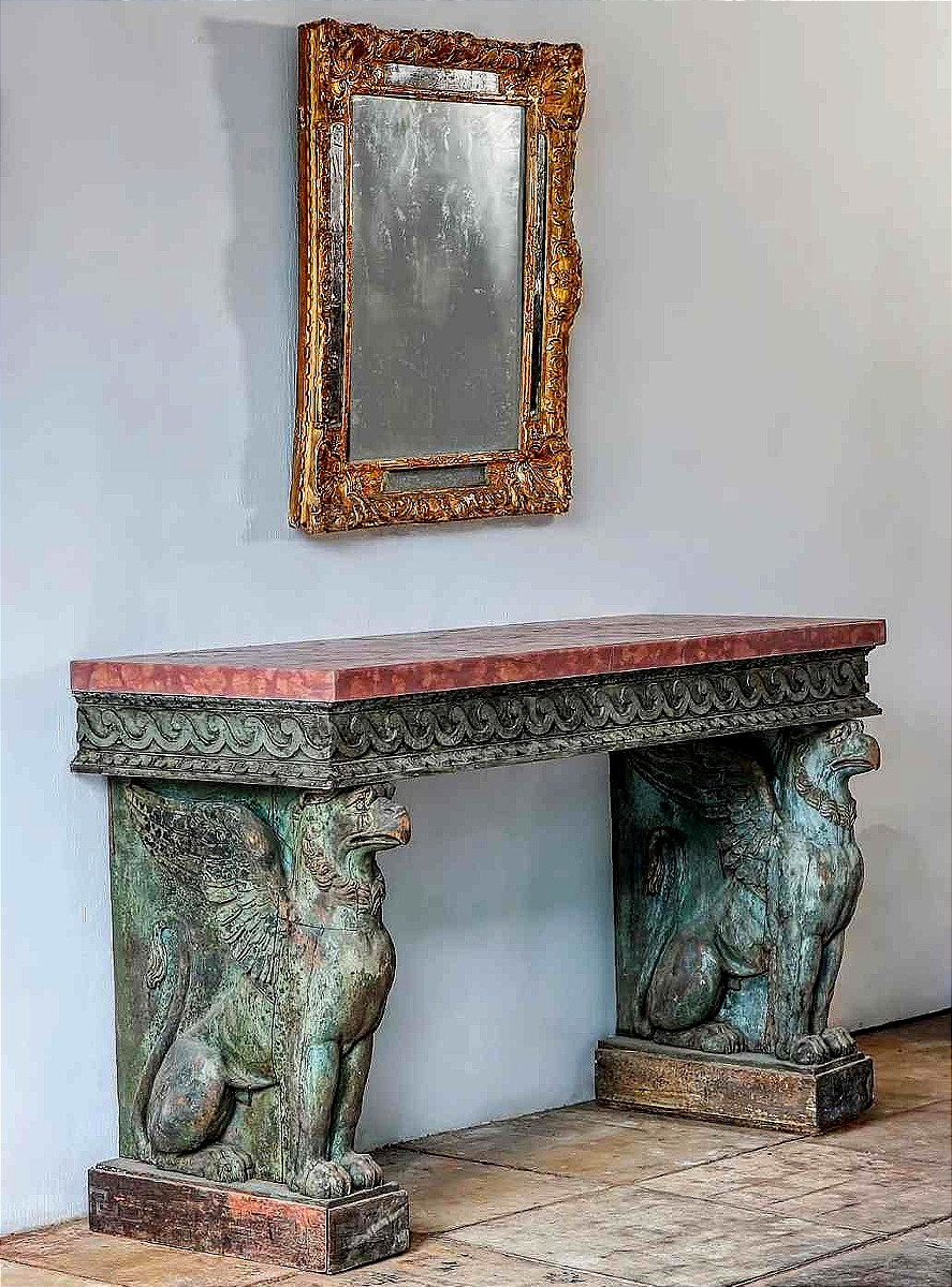 Importante console griffon avec plateau en marbre, Naples vers 1800