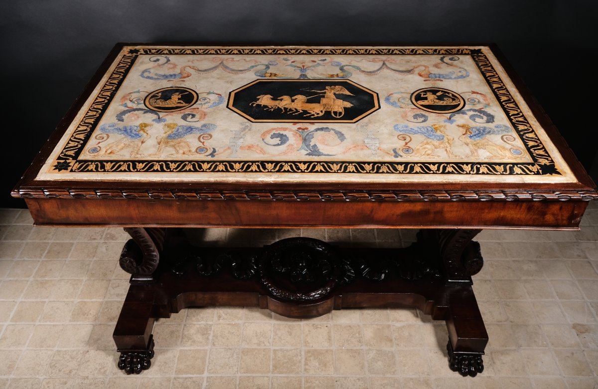 Importante table de milieu avec plateau en scagliola, Rome ou Naples, vers 1840-photo-4