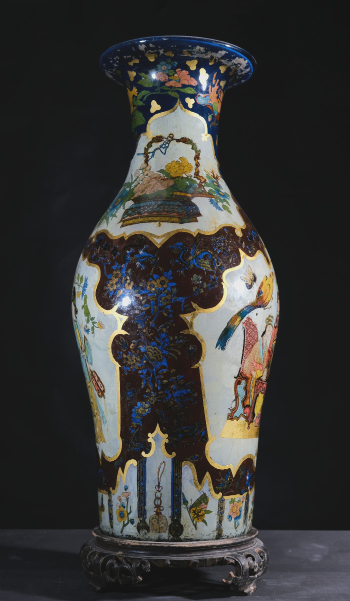 Vase monumental en fixé sous verre avec décor chinois, Piemont début 19e-photo-2
