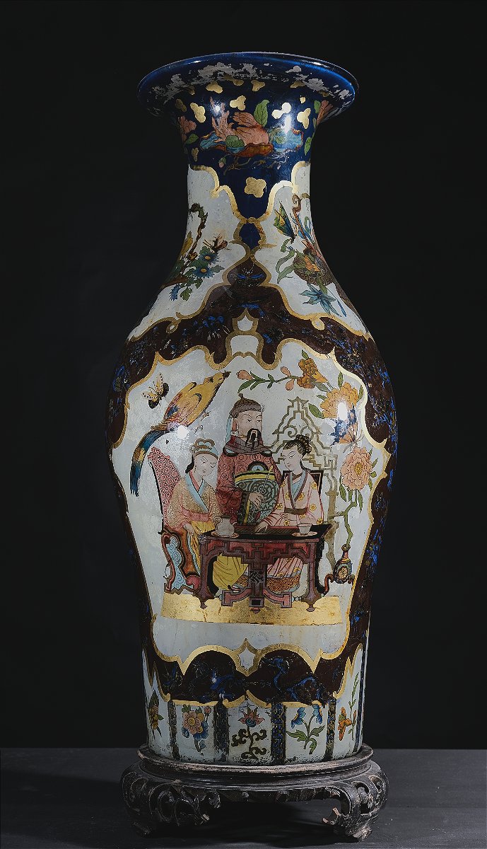 Vase monumental en fixé sous verre avec décor chinois, Piemont début 19e-photo-3