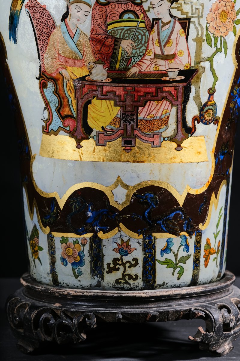 Vase monumental en fixé sous verre avec décor chinois, Piemont début 19e-photo-2