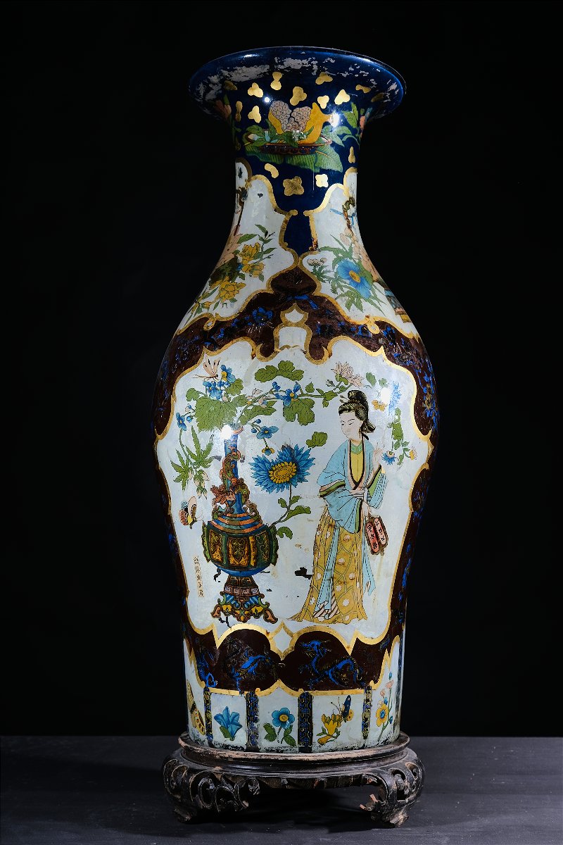 Vase monumental en fixé sous verre avec décor chinois, Piemont début 19e-photo-3