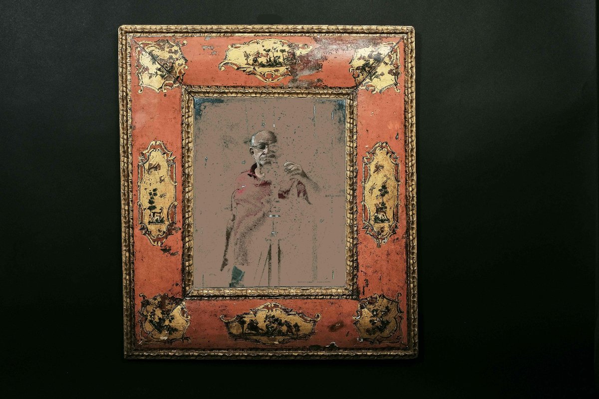 Miroir Vénitien En Laque Rosé Avec Décor "arte Povera", Venise Vers 1740-photo-1