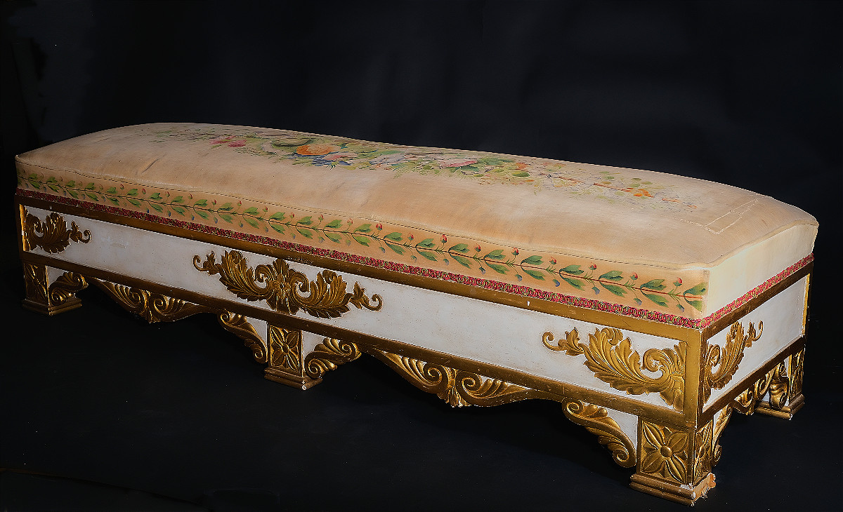 Unusual Upholstered Bench With Relief Decoration On Three Sides, Italy, 19th Century