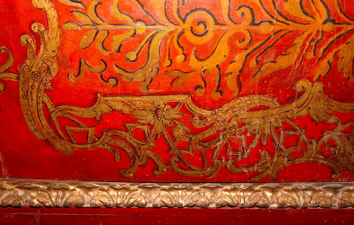 Two-part Red Lacquered Cabinet With Gilt Decorations, Venice Circa 1750-photo-8