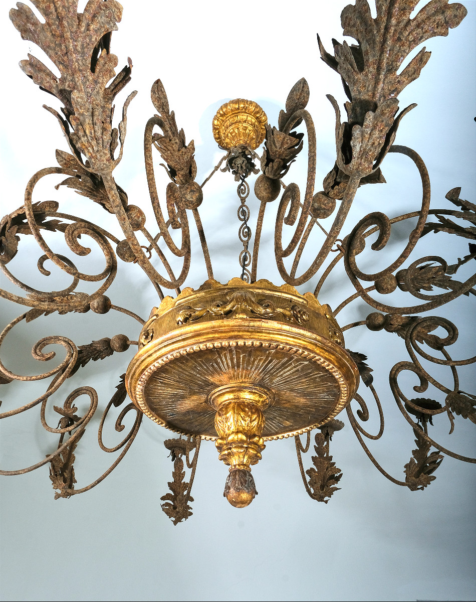 Grand lustre italien en bois doré et du fer forgé, toscane 18e-photo-3