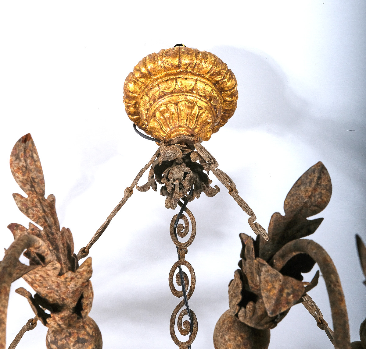 Grand lustre italien en bois doré et du fer forgé, toscane 18e-photo-1