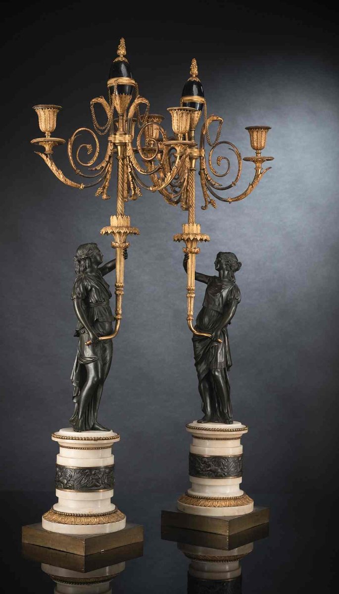 Pair Of Candelabra Attr. Francois Remond, Gilded And Patinated Bronze, Blue Glass, Paris Circa 1790-photo-2