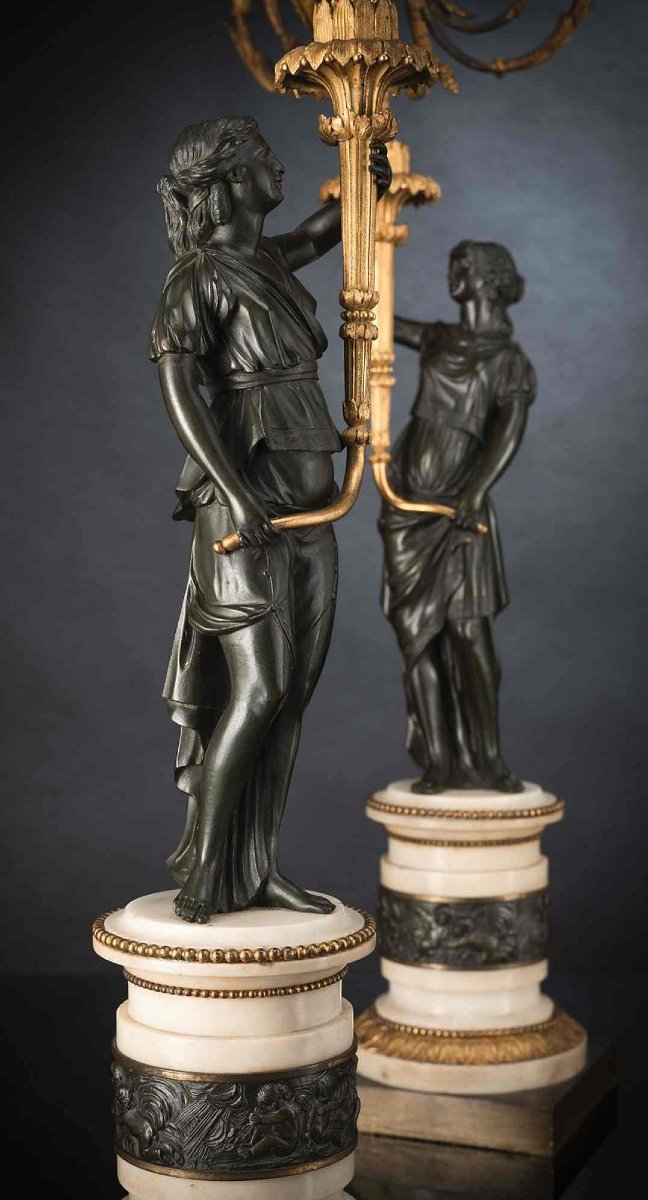 Pair Of Candelabra Attr. Francois Remond, Gilded And Patinated Bronze, Blue Glass, Paris Circa 1790-photo-3