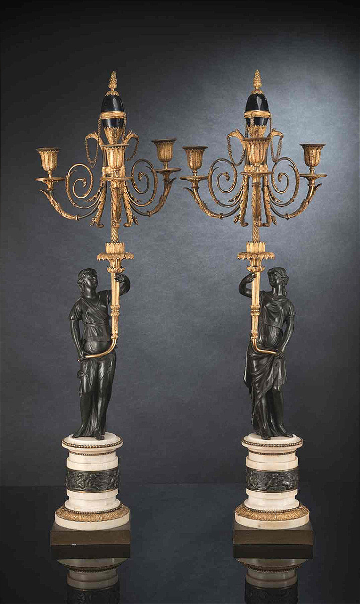 Pair Of Candelabra Attr. Francois Remond, Gilded And Patinated Bronze, Blue Glass, Paris Circa 1790