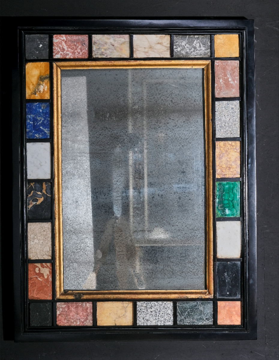 Pair Of Marble And Semiprecious Stone Inlaid Mirrors, Italy, 19th Century-photo-2