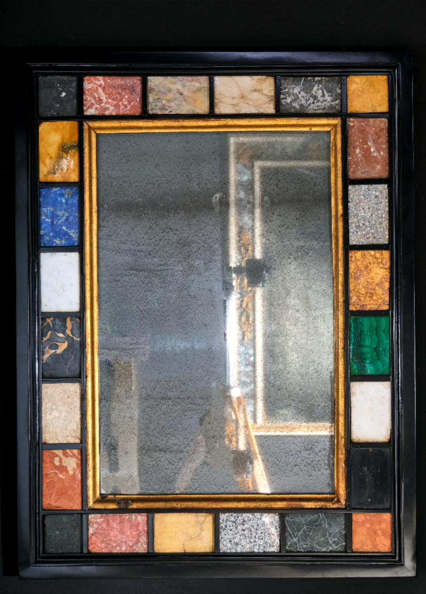 Pair Of Marble And Semiprecious Stone Inlaid Mirrors, Italy, 19th Century-photo-3