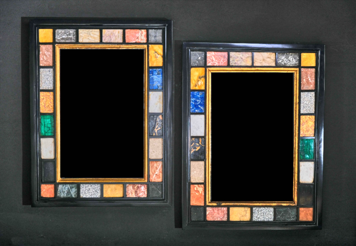 Pair Of Marble And Semiprecious Stone Inlaid Mirrors, Italy, 19th Century