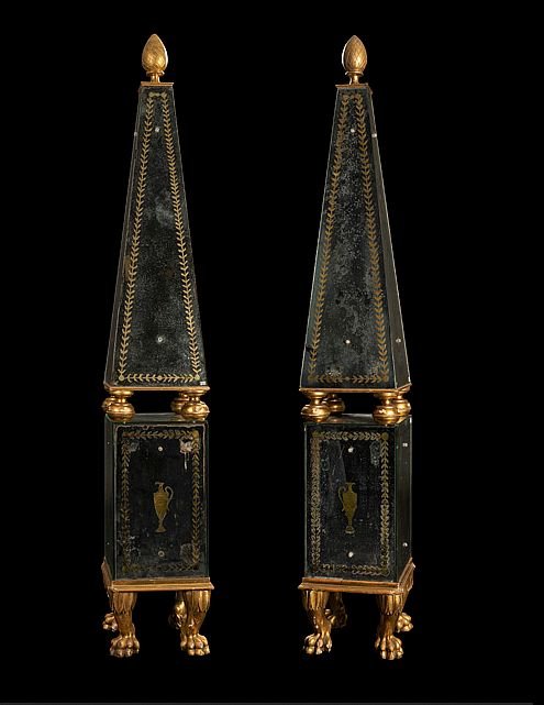 Large Pair Of Obelisks Plated With Decorated Murano Mirrors, Italy 1930s Studio S.a.l.i.r.-photo-2