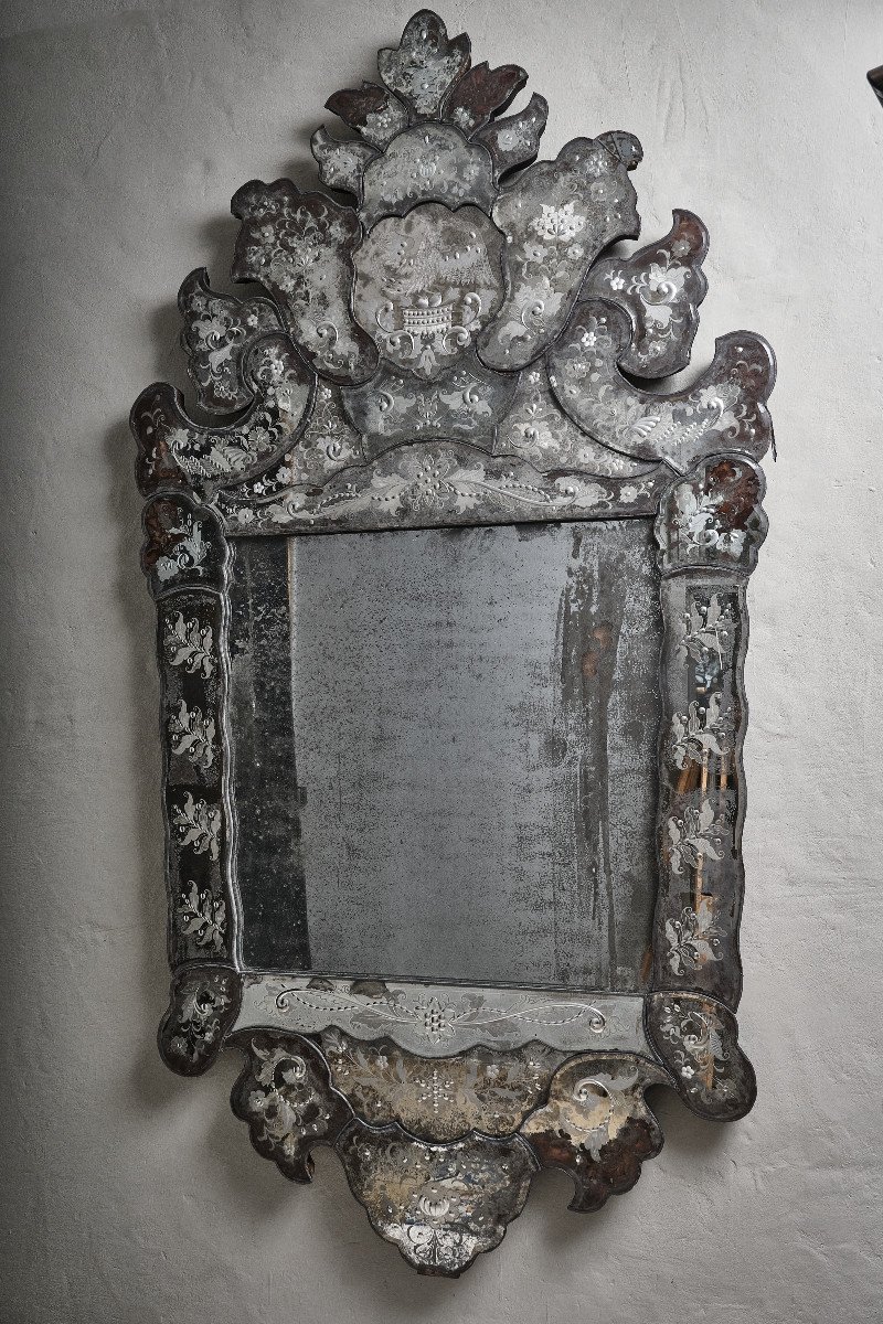 Large Impressive Murano Mirror In Etched Glass, Venice 19th Century-photo-2