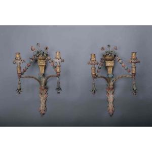 Important Pair Of Wrought And Painted Iron Sconces, Veneto Ca. 1780