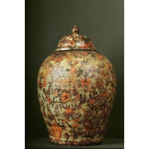 Painted Vase In Arte Povera Decor In Terracotta With Wooden Lid, Piedmont, 18th