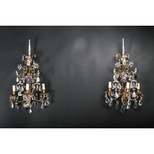 Pair Of Rock Crystal Sconces, Gilt Bronze, Piedmont 18th C