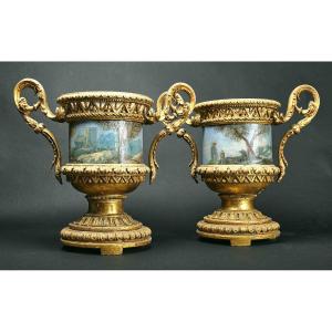 Pair Of Very Rare Vases In Carved And Gilded Wood With Painted Sheet Metal Cachepots, Rome 1780