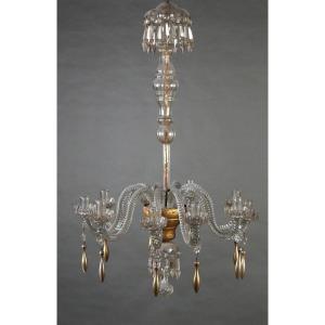 Chandelier From The Neoclassical Period, In Murano Crystal With Golden Wood, Lucca Early 19th