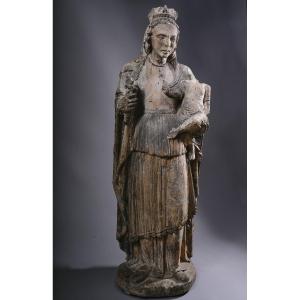 Vierge En Pierre Calcaire Avec Restes d'Anciennes Couleurs, Probablement Bourgogne, 16e S