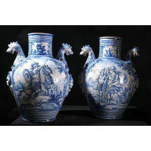 Pair Of Important Vases In White And Blue Earthenware, Savona Manufacture, Late 17th/early 18th