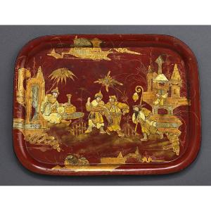 Chinese Style Decorative Tray In Lacquered Sheet Metal, France, 19th Century