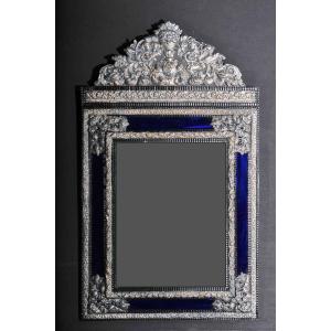 Large Beaded Mirror In Repoussé And Silvered Brass With Cobalt Glasses, France 19th Century