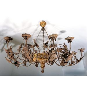 Large Italian Chandelier In Gilded Wood And Wrought Iron, Tuscany 18th Century