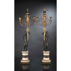 Pair Of Candelabra Attr. Francois Remond, Gilded And Patinated Bronze, Blue Glass, Paris Circa 1790