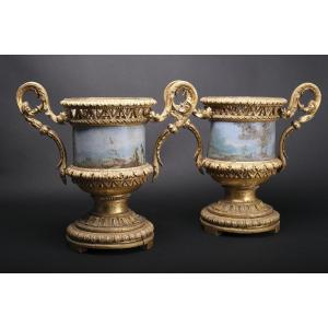 Pair Of Very Rare Vases In Carved And Gilded Wood With Painted Sheet Metal Planters, Rome, 1780