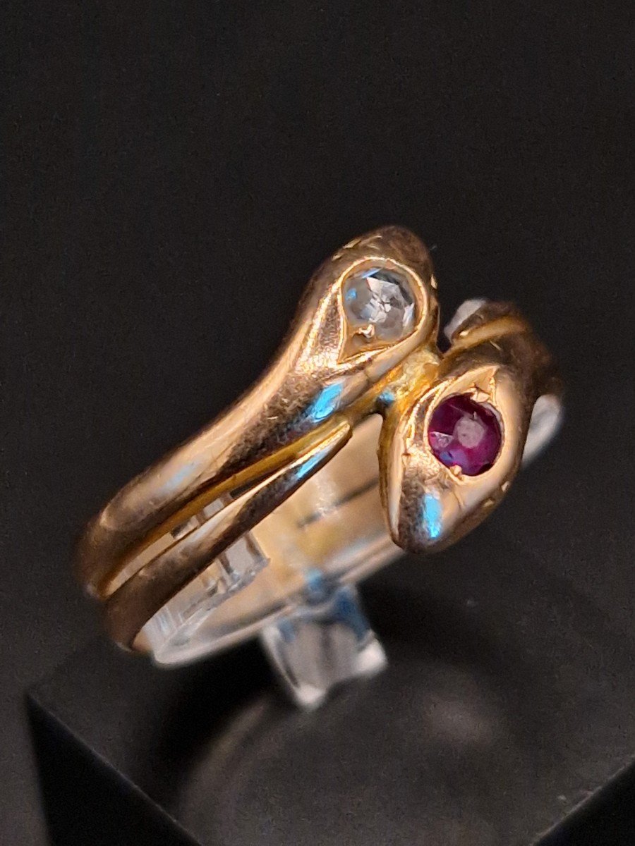 Old Snake Ring Circa 1900 Gold Diamond Ruby-photo-2