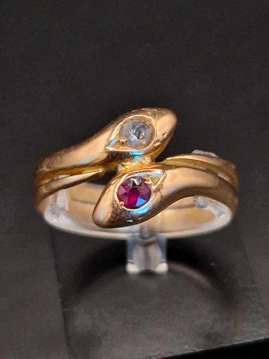 Old Snake Ring Circa 1900 Gold Diamond Ruby
