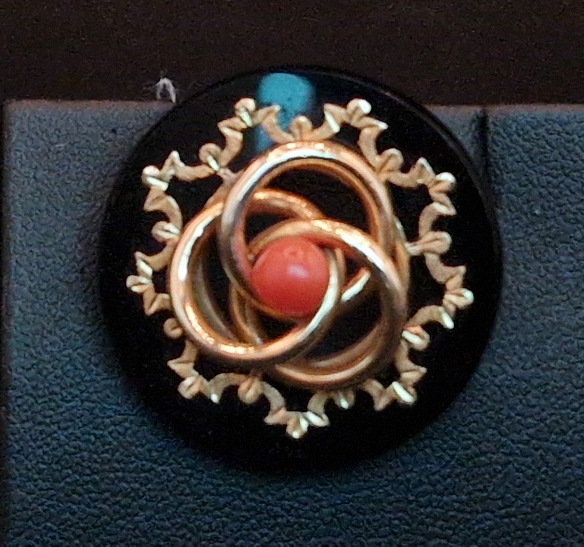 Old Gold Onyx Coral Brooch
