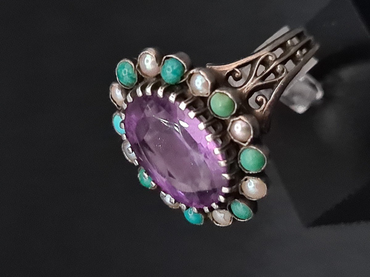 Bague Marguerire Ancienne Argent Améthyste Turquoise Perles-photo-3