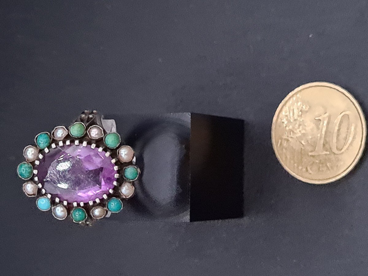 Bague Marguerire Ancienne Argent Améthyste Turquoise Perles-photo-5