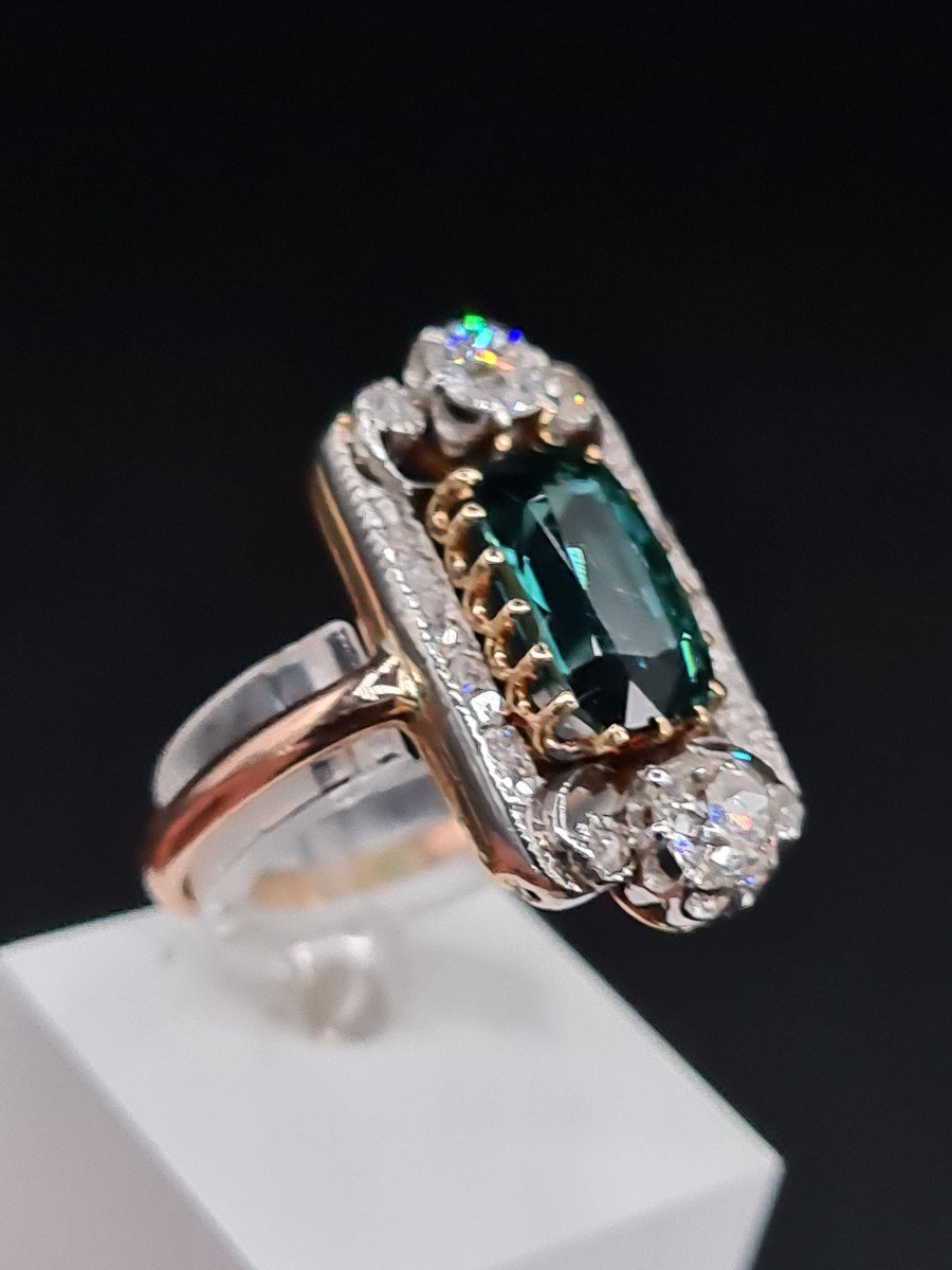 Sublime Bague Ancienne Belle Époque 1900 Or Diamants Tourmaline Verte-photo-3