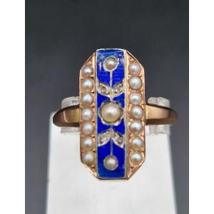 Napoleon III Period Gold Ring Blue Enamel Fine Pearls Diamonds