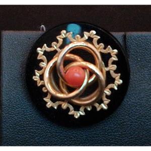 Old Gold Onyx Coral Brooch